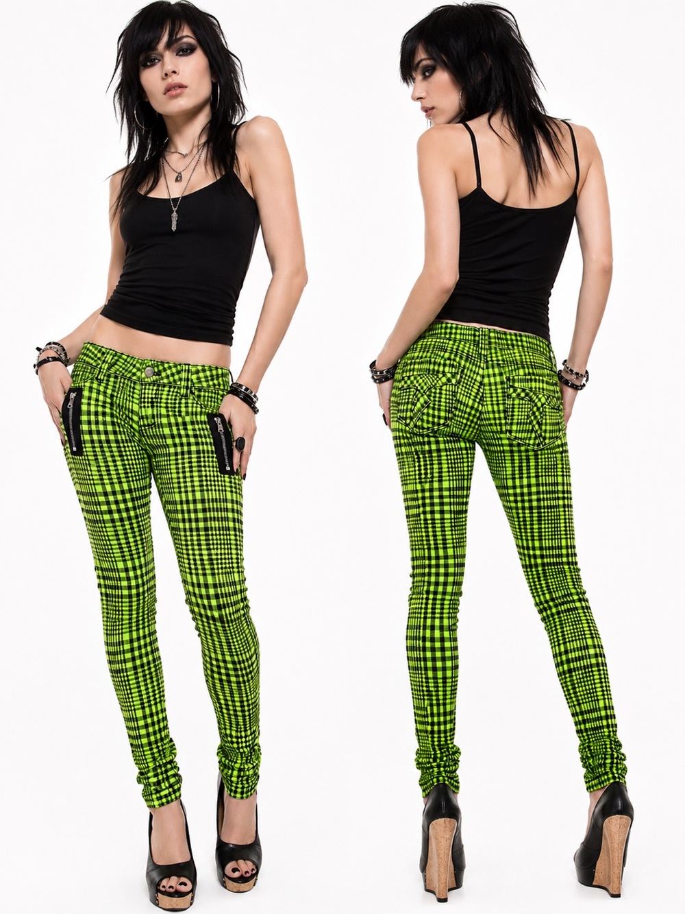TRIPP NYC Daang Goodman Plaid Low Rise Skinny Jeans Neon Green Black Size 3